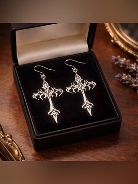 Ornate Gothic Silver Cross Dangle Earrings ~ Hypoallergenic Hooks